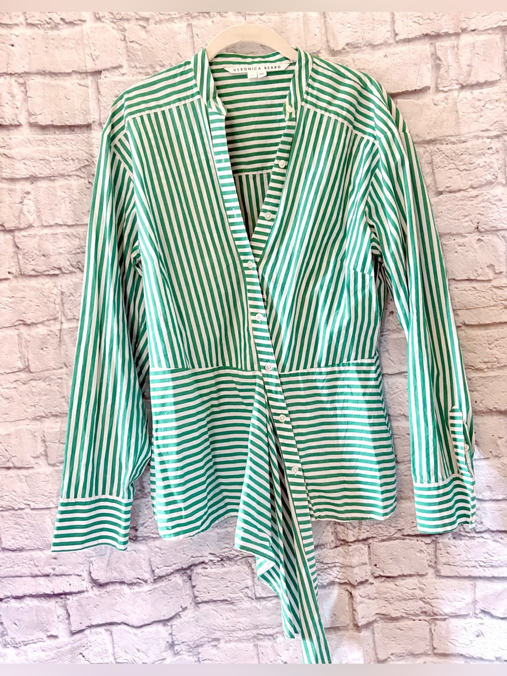 Veronica Beard Claude Top Green and White Striped Button Front Asymmetric Sz L